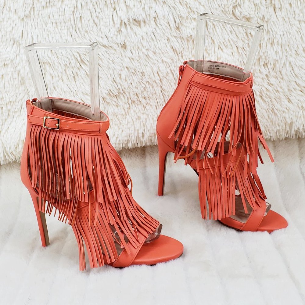 Orange Fringe High Heels Open Toe Stiletto Sandals